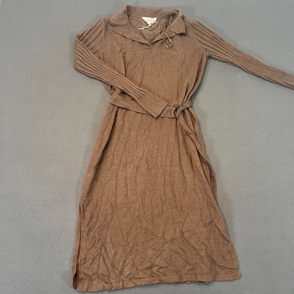Lucky Brand Woman's Size LG Brown Collared Rib Knit Sweater Dress Belted Adjust - Picture 1 of 11